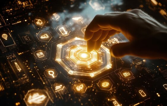 Interactive digital dashboard with glowing icons.  Hand interacting with central hub