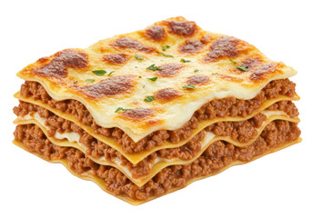 Fototapeta premium A square piece of lasagna with meat and cheese on a black background