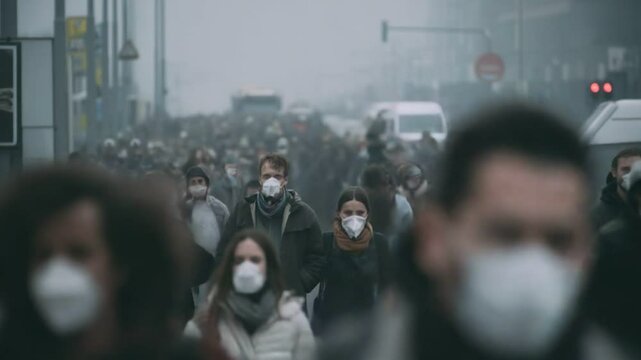 A crowd of people wear masks: A poignant visual narrative capturing a multitude of individuals navigating the environmental pollution and the challenges.