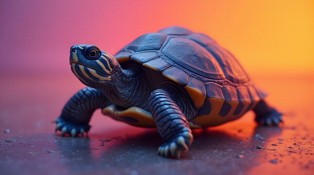 Low angle shot of a turtle illuminated by vibrant orange and violet hues, detailed shell texture visible - Powered by Adobe