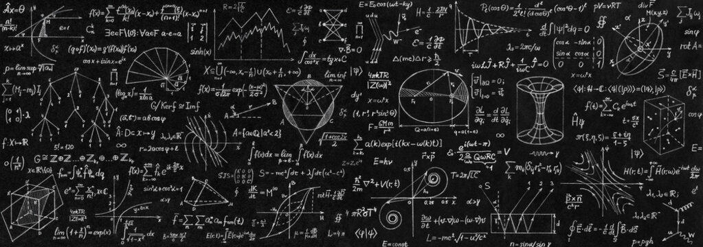 Wide board with scientific formulas and calculations in economics and mathematics. Scientific and educational background.