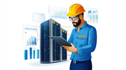 Industrial Engineer Inspecting Data Center with Digital Tablet and Analytical Graphs in Background
