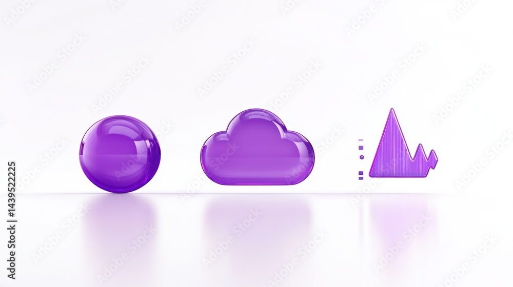 Poster 3d rendering shiny sphere, cloud and graph shapes, on white background, design use