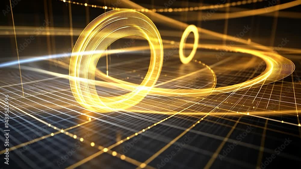Poster abstract digital design with glowing rings and lines.