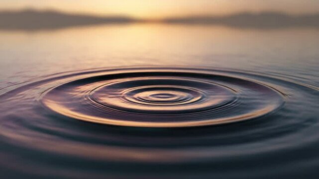 Ripples of Serenity: A close-up captures the delicate dance of concentric ripples expanding across a calm water surface at sunset, reflecting the soft glow of the fading light.