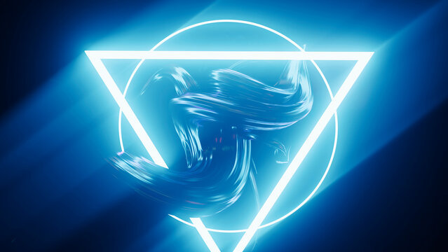 Neon abstract sculpture with intricate designs illuminated by bright blue light