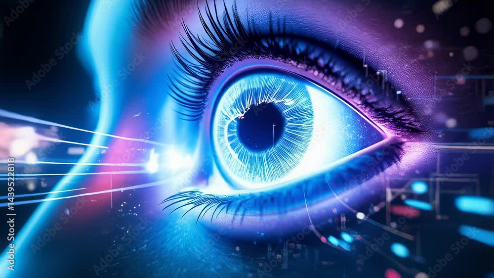 Poster close-up of a glowing eye with digital data streams