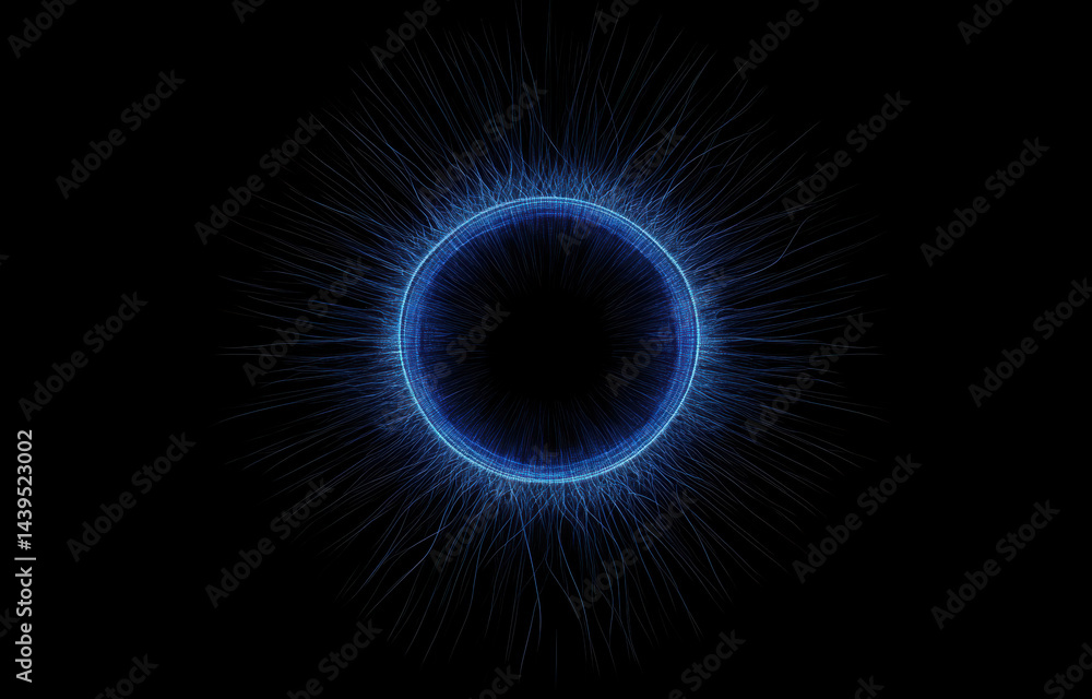 Poster glowing blue circle with radiant lines emanating from it, creating mesmerizing visual effect against
