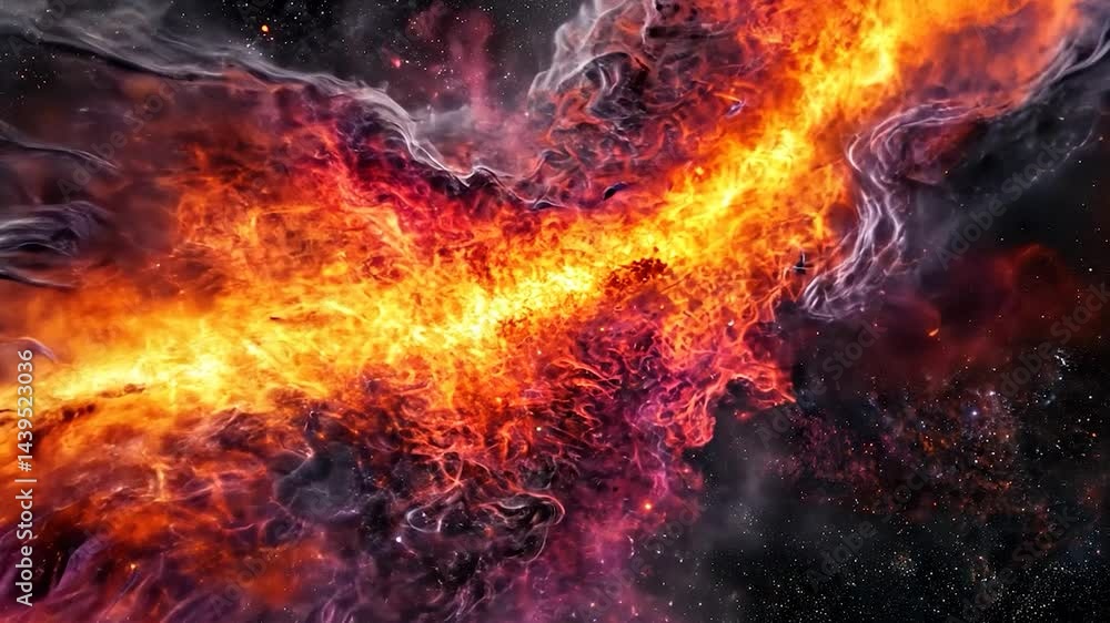 Poster fiery nebula in deep space.