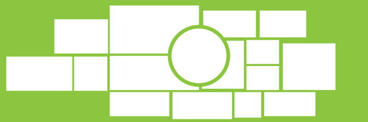 Photo collage grid. Vector. Mood board template. Set of blank moodboard. Pictures on white background. Mosaic frame banner. Photography album layout. Horizontal design of mockup. Simple illustration.