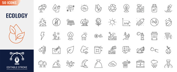 Ecology and Environment line editable icon set. Containing Eco friendly. Electric car, global warming, renewable energy, organic farming and more. Vector illustration