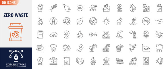 Zero Waste line editable icon set. Containing recycling, waste management, composting, trash, pollution, landfill, composting, waste sorting and more. Vector illustration