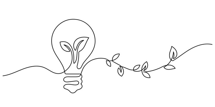 green ecology ideas concept, little tree in plant bulb creativity one line continuous drawing minimalism copy space