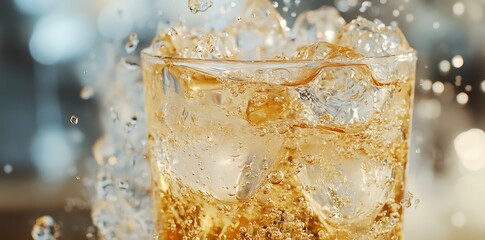 Cold beverage splashing in glass with ice cubes