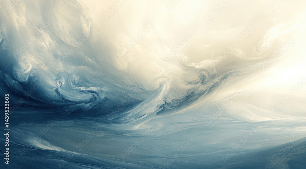 Poster serene abstract artwork featuring swirling blue and cream colors, evoking sense of calm and tranquil