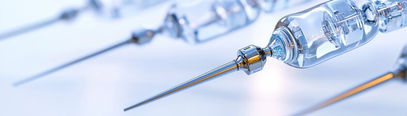 Close up of several glass and metal medical syringes
