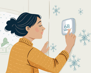 Woman adjusting a smart thermostat indoors during winter