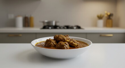 Aromatic Spiced Meat Stew in a Modern Kitchen Setting