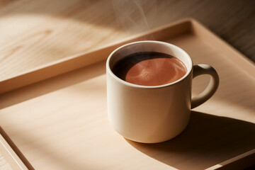 Obraz premium A white coffee cup with a brown liquid in it sits on a wooden tray