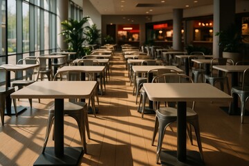 A modern mall food court with a sleek and spacious design, featuring rows of contemporary tables with metal chairs.