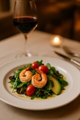 A gourmet salad plated elegantly with fresh greens, avocado, shrimp, and a few cherry tomatoes on top.