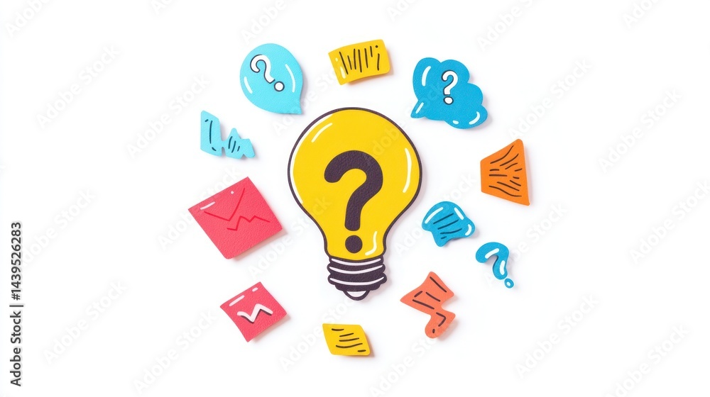 Poster idea generation with question mark on light bulb over white. for brainstorming