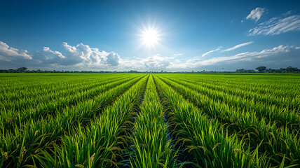 Naklejka premium Vast green rice field under blue sky with clouds