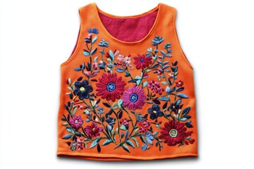 Colorful embroidered tank top displayed on a plain background showcasing detailed floral patterns
