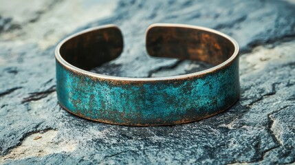 A handmade patina bracelet displayed on a natural stone surface