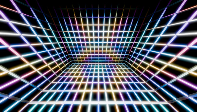 Abstract geometric neon grid with rainbow colors and reflections on a dark background