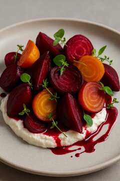 A beautifully plated dish with a mix of vibrant red and golden roasted beets, arranged elegantly over a creamy, smooth ricotta base.