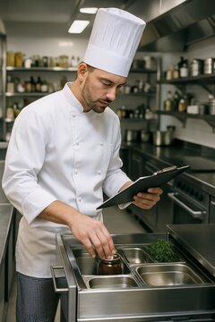A professional chef in a modern kitchen, checking a clipboard and organizing items in a stainless steel drawer, wearing a tall white chef hat and a crisp white uniform with checkered pants.