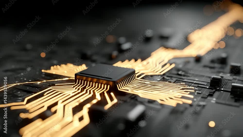 Poster microchip on motherboard with glowing circuitry, futuristic technology and innovation concept – powe