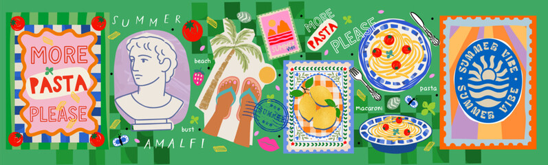 Fototapeta na wymiar Summer. Italy. Amalfi. Vector illustration of lemon, italian pasta or macaroni poster, antique bust, sunbathing feet in flip-flops on beach, palm tree, tomato, postage stamps for icons and stickers