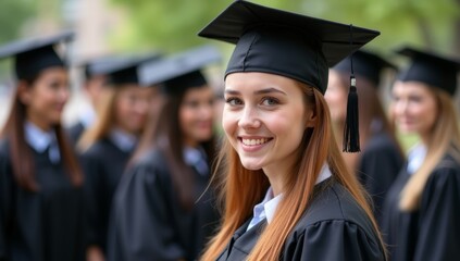 A smiling group of female college graduates in caps and gowns celebrate their academic achievement