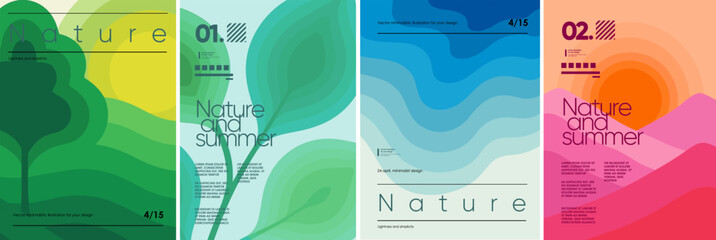 Nature. Vector minimal abstract illustration of plant and leaf, landscape, sea and ocean and mountains in sunset with simple gradient for poster, background or cover