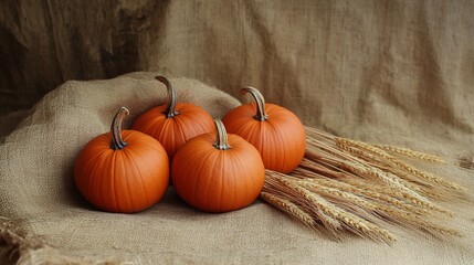 Thanksgiving harvest still life composition with brightly colored pumpkins and golden ears of wheat on a rustic wooden table, bathed in warm autumn tones. Seasonal abundance, farm to table concept