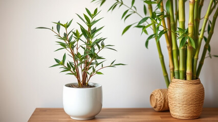 Obraz premium Stylish indoor plants in decorative pots showcasing green foliage on a wooden table for a fresh ambiance
