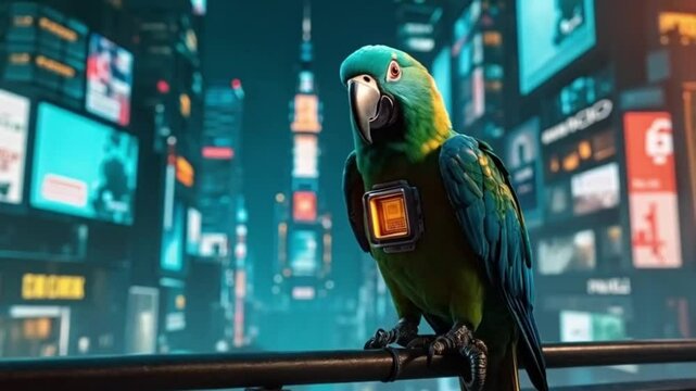 A green parrot perched on a fence in front of a city skyline. Smooth repeating motion for background video animation.