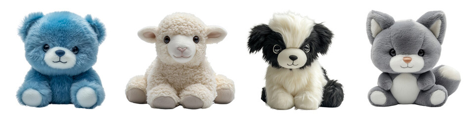 Set of various plush animal toys including blue bear, lamb, puppy, and fox, isolated on transparent background.