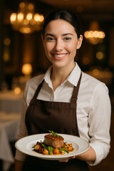 A confident female restaurant server in a modern upscale dining setting, holding a gourmet dish on a fine china plate.