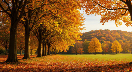 Fototapeta premium Splendor of autumnal colors in a tree-lined park landscape with rolling hills