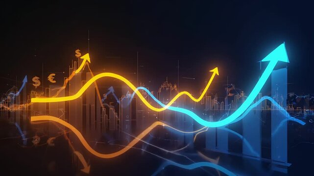 Financial data trends displayed on a dark background.