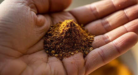 Palm holding a mound of finely ground brown spices, textured skin, warm light.