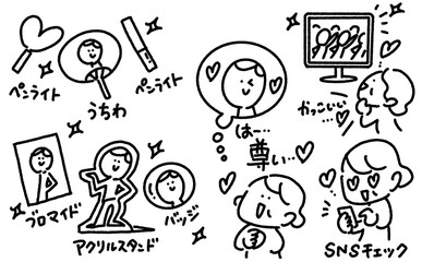 Set illustration of a senior woman idol fan who enjoys collecting goods and cheering ・fandom 