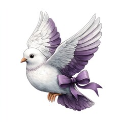 Hand painted watercolor clipart of a white dove with purple wings and bow for artistic design elements