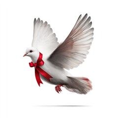 Obraz premium Peaceful dove with red ribbon in flight - hand-painted watercolor clipart for decorative use