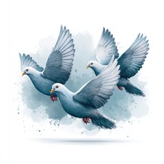 Fototapeta premium Trio of hand painted flying doves on watercolor background for decorative design