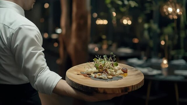 Waiter carrying wooden plate with gourmet dish featuring cauliflower, sauce, sprouts, in warm ambient restaurant setting, showcasing fine dining presentation.