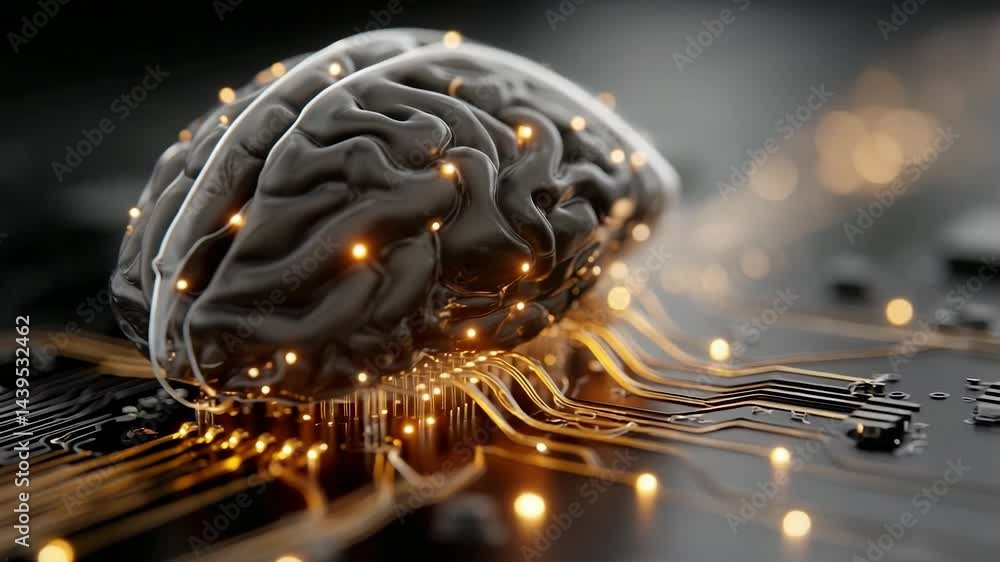 Poster futuristic artificial brain connected to glowing circuitry, symbolizing technology and intelligence 